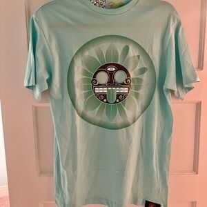 Blue and Green Short Sleeve Tee with Graphic Design